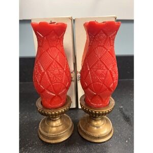 2 Vtg Hurricane Classic Lamp Shaped Red Wax Candle w/Base Holder 8" Tall‎ In Box